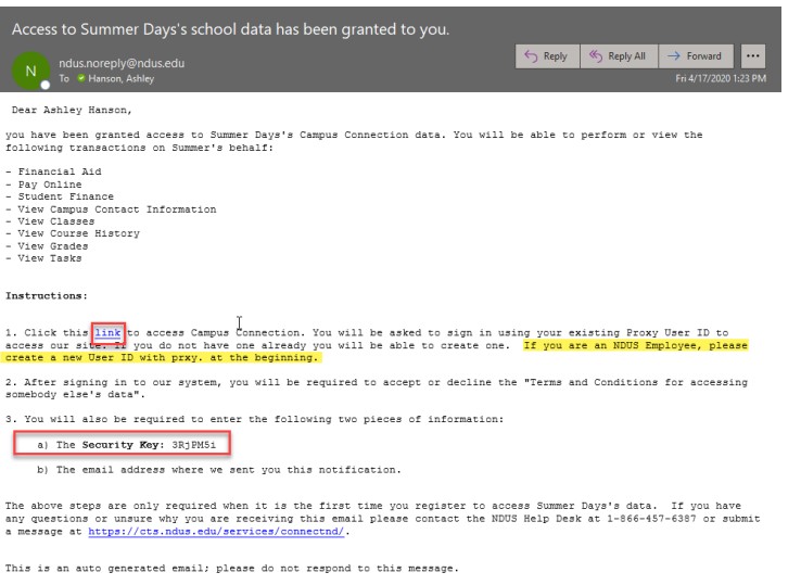 example of parent email with security key and link